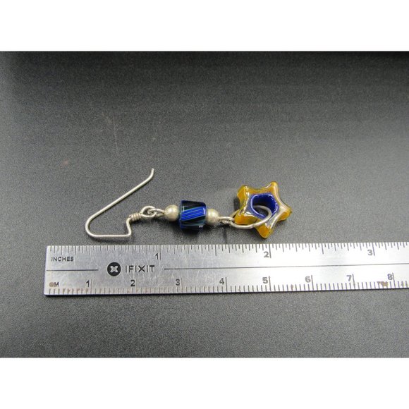 Sterling Silver Colorful Plastic Star Dangle Earrings Vintage Wedding Engagement - Picture 3 of 4